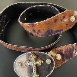 MICHELLE MONROE~Pony hair belt~Gold/silver buckle/Swarovski crystals~Made in USA